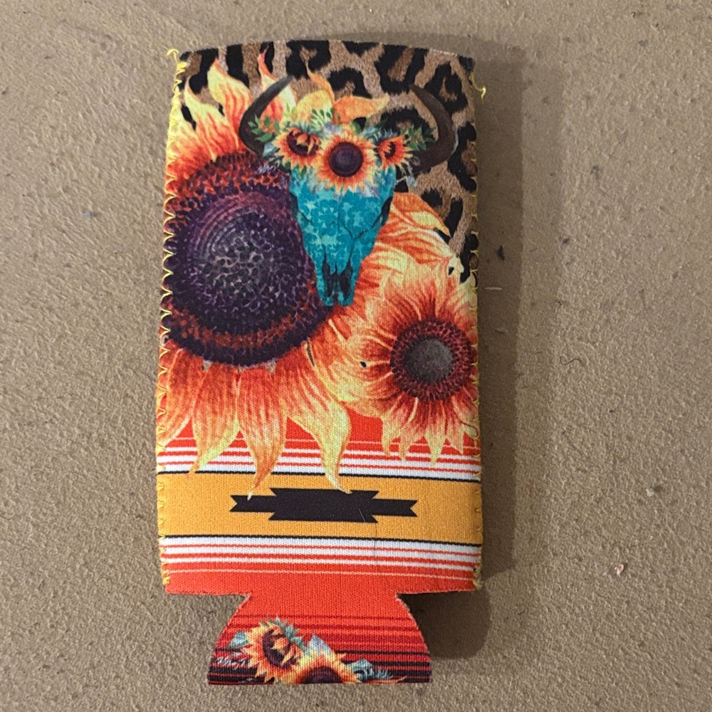 Colorful Sunflower and Bull Skull slim Can Coozie